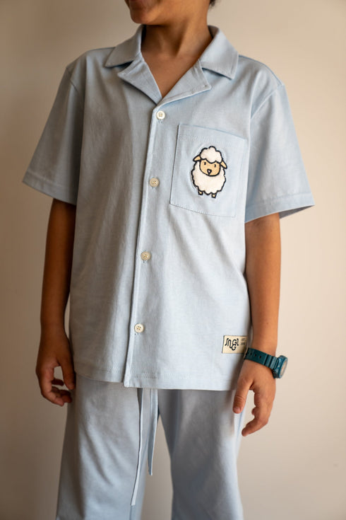 Boys summer Pjs Set Sheep Light Blue Buttoned shirt + Pants